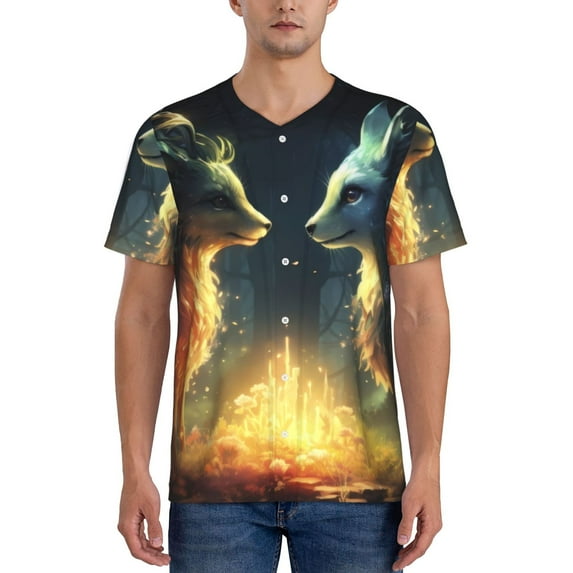 Easygdp Firefly Forest Fox Mens T-Shirts Baseball Vintage Fashionable Lightweight Casual Crew Neck Slim Fit with Long Sleeves-XX-Large