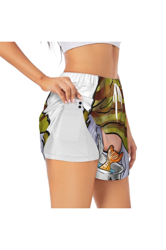 Fishing Gnome Fisherman for Women's Athletic Shorts - High-Waist, Quick-Dry Workout Shorts with Pockets, Ideal for Running, Yoga, and Training-Large