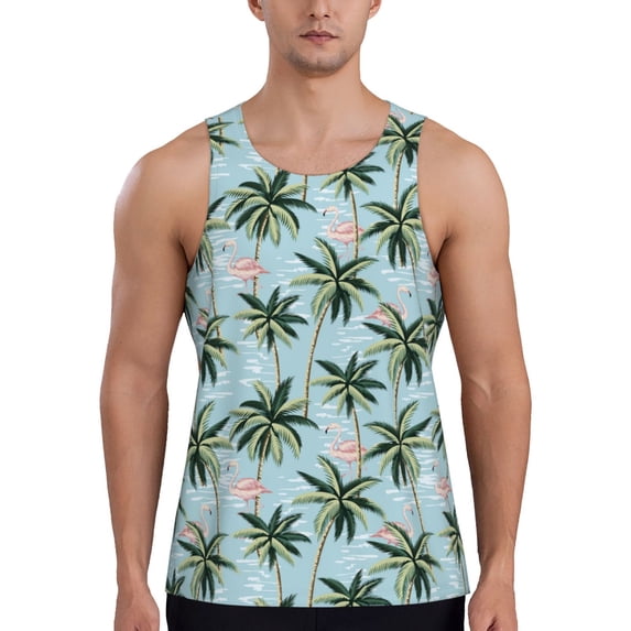 Easygdp Flamingos And Palms Men's Tank Top, Sleeveless Muscle T Shirts, Breathable, Quick-Dry, Loose for Gym, Running, Fitness - Large