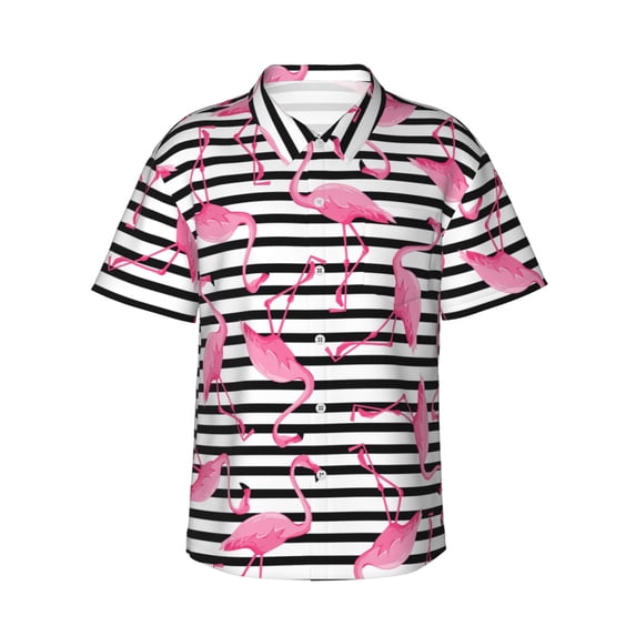 Easygdp Flamingos Men's Hawaiian Shirts Print Lapel Short Sleeve for Beach, vacation, party, casual occasions - Medium