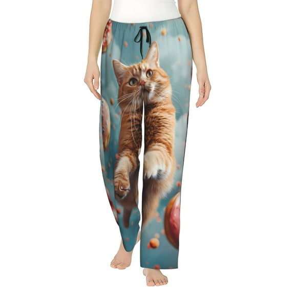 Easygdp Floating Cat And Donuts Women's Drawstring Pajama Pants | Lounge Joggers Sweatpants | Comfy Sleepwear | Yoga Pants-Small