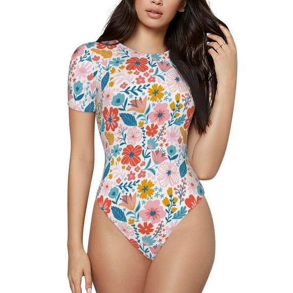 Easygdp Floral Ditsy Women's One-Piece Swimsuit Slim Fit Crew Neck Bodysuit Athletic Swimwear with Concealed Buckle - Medium