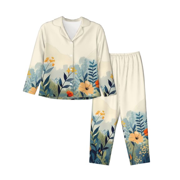 Easygdp Floral Mountain Landscape Women's Long-Sleeve Shirt and Full-Length Bottom Pajama Set,Two Piece Loungewear Soft Pajama Top and Pants Pjs Sleepwear-Large