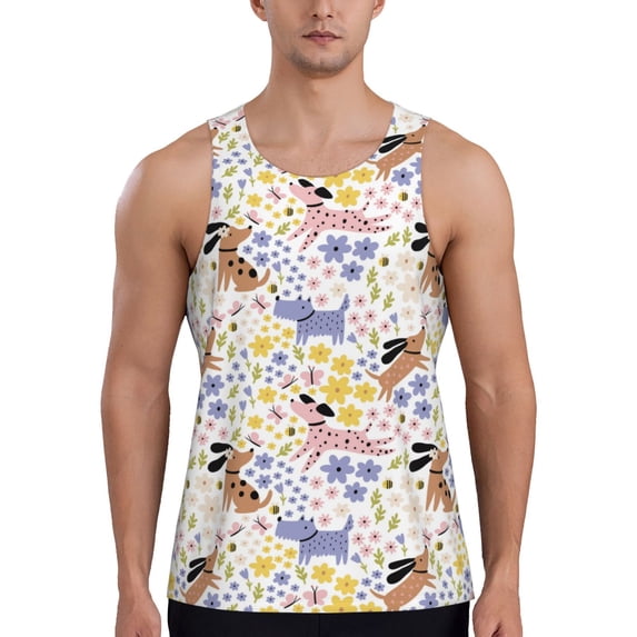 Easygdp Floral Puppy Men's Tank Top, Sleeveless Muscle T Shirts, Breathable, Quick-Dry, Loose for Gym, Running, Fitness - 4X-Large