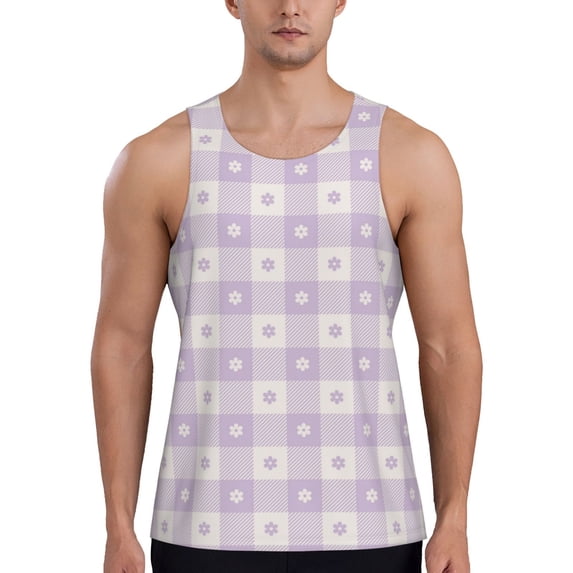Easygdp Floral Purple Buffalo Plaid Men's Tank Top, Sleeveless Muscle T Shirts, Breathable, Quick-Dry, Loose for Gym, Running, Fitness -