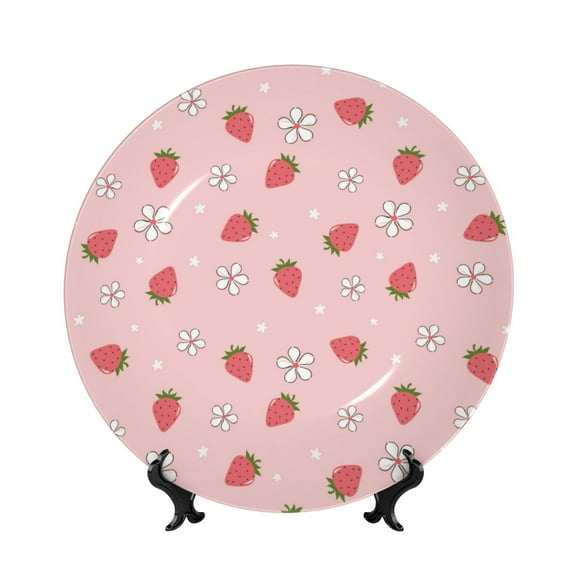 Easygdp Floral Strawberr Bone China Decorative Plate Ceramic Dinner Plates Art Crafts with Display Stand-8in