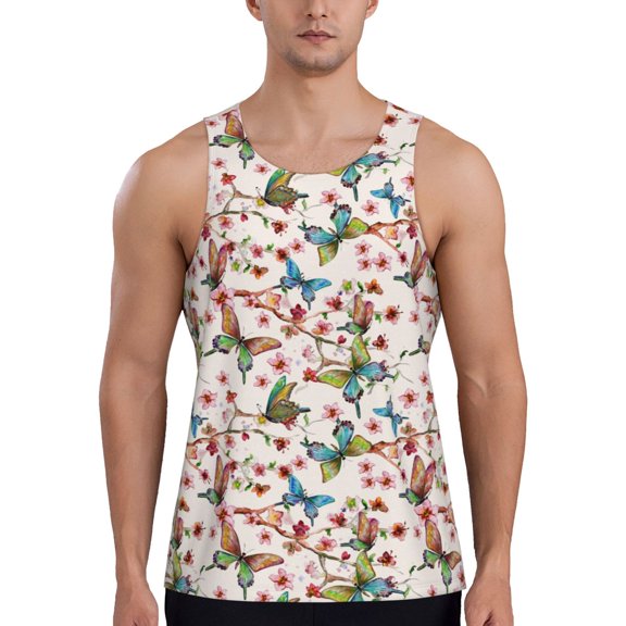 Easygdp Floral With Butterflies Men's Tank Top, Sleeveless Muscle T Shirts, Breathable, Quick-Dry, Loose for Gym, Running, Fitness - Large