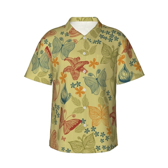 Easygdp Floral with Butterflies Men's Hawaiian Shirts Print Lapel Short Sleeve for Beach, vacation, party, casual occasions - Large