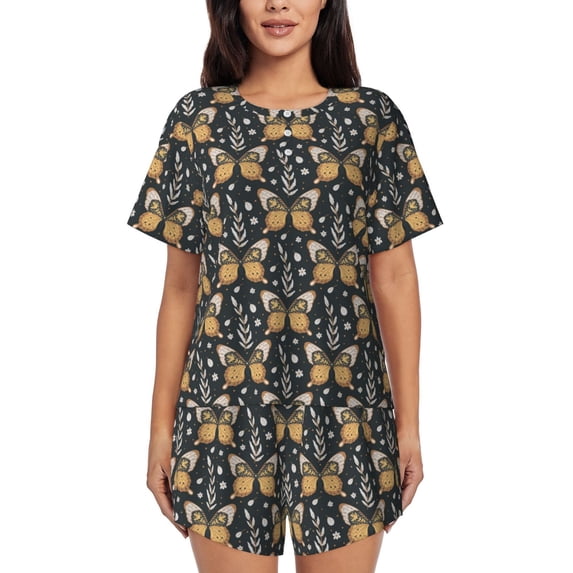 Easygdp Flower Butterfly Women's Pajama Set,Sleepwear with Buttoned Top and Elastic Waist Shorts, Ideal for Lounging, Yoga, Beach, and Casual Wear-XX-Large