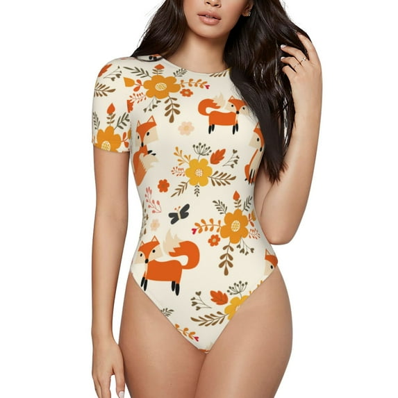 Easygdp Flower Fox Women'S Waist-Cinching Short-Sleeved Onesie, Olastic Onesiet,Snaps At Bottom,Easy To Put On And Take Off - Small