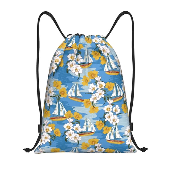 Easygdp Flower and Sail Boat Drawstring Backpack, Beach Sackpack, Travel Sackpack Lightweight for Sports, Gym, Travel, Swimming - Medium