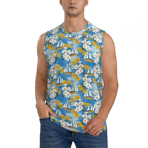 Easygdp Flower and Sail Boat Men's Breathable Tank Tops Sleeveless Sporty T Shirts for Basketball, Mountaineering, Bodybuilding -Medium