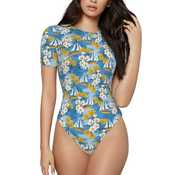 Easygdp Flower and Sail Boat Women's One-Piece Swimsuit Slim Fit Crew Neck Bodysuit Athletic Swimwear with Concealed Buckle - X-Large