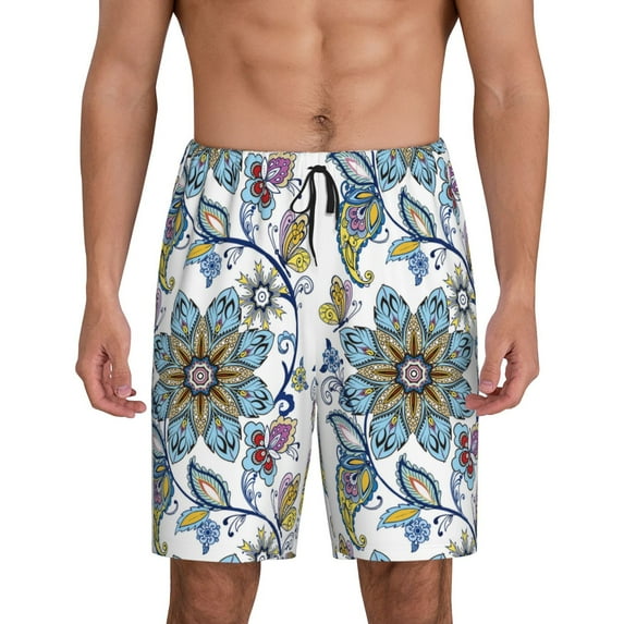 Easygdp Flowers and Butterflies Men's Short Pajama Pants, Sleep Shorts, Household Pants, Casual Pants with Pockets - Medium