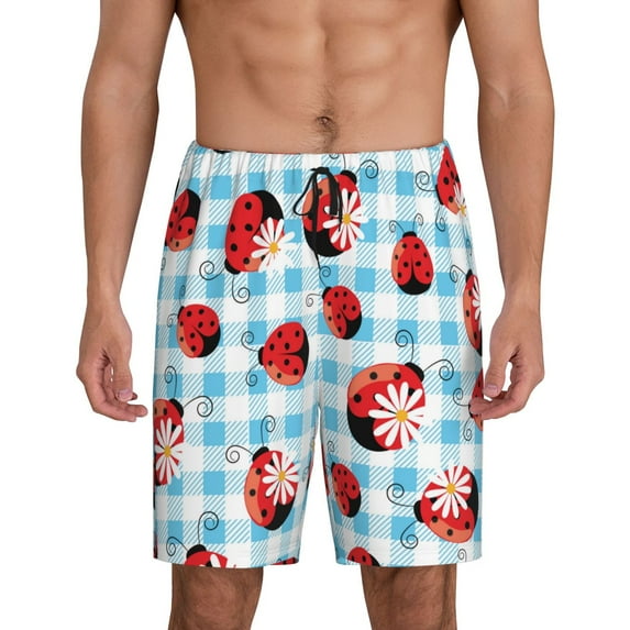 Easygdp Flowers and Lady Bugs Men's Short Pajama Pants, Sleep Shorts, Household Pants, Casual Pants with Pockets - X-Large