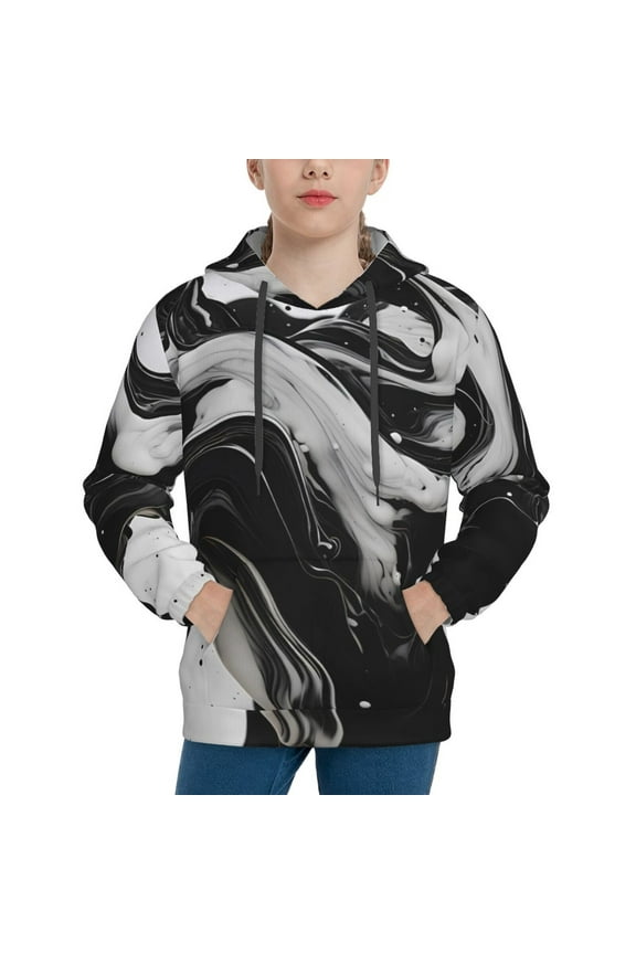 Fluid Black White Paint Swirls Boys Hoodie Kids Sweatshirt Youth Pullover With Hood-X-Large