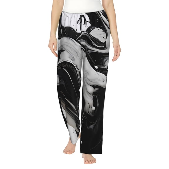 Easygdp Fluid Black White Paint Swirls Women's Drawstring Pajama Pants | Lounge Joggers Sweatpants | Comfy Sleepwear | Yoga Pants-