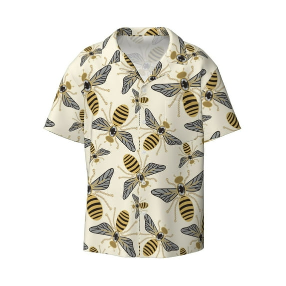 Easygdp Flying Bees1 Men's Casual Short-sleeved Shirt with Pocket and Button Suitable for Beach Vacation Leisure - X-Large