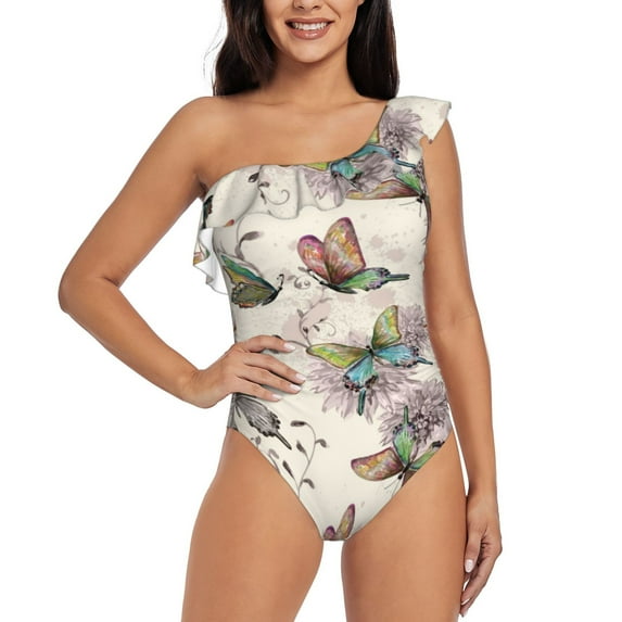 Easygdp Flying Butterflies-1 Women's One Shoulder Ruffle Monokini Bathing Suits with Removable Chest Pad, Quick Drying - Medium