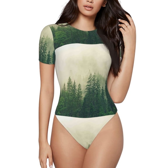 Easygdp Fog Forest Women's One-Piece Swimsuit Slim Fit Crew Neck Bodysuit Athletic Swimwear with Concealed Buckle - Large