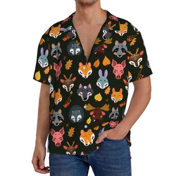 Easygdp Forest Animal Faces Mens Short Sleeve Button Down,Cuban Shirts for Men,Men's Casual Short-Sleeved Shirt-XX-Large