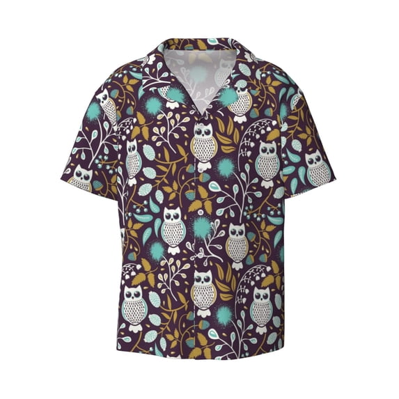 Easygdp Forest Cute Owl Men's Casual Short-sleeved Shirt with Pocket and Button Suitable for Beach Vacation Leisure - XX-Large