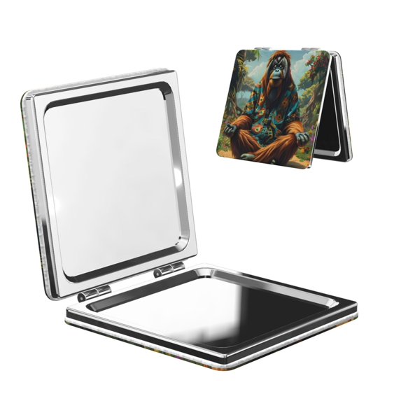 Easygdp Forest Meditating Gorilla Travel Makeup Mirror, 2X Magnifying Mirror 2-Sided Travel Essential Mirror, Magnetic Portable Mirror-Square