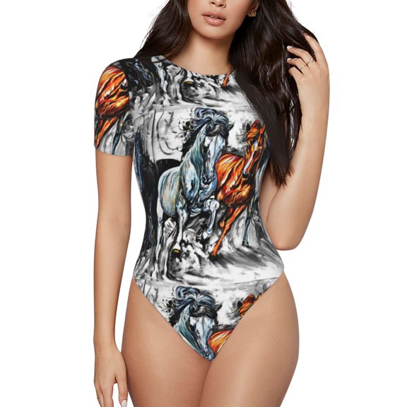 Easygdp Four Running Horses Women's One-Piece Swimsuit Slim Fit Crew Neck Bodysuit Athletic Swimwear with Concealed Buckle - X-Large