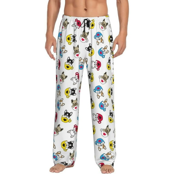 Easygdp French Bulldog With Coffee Cup Men's Pajama Pant, Sleep Elastic Waistband Lounge Pants - Large