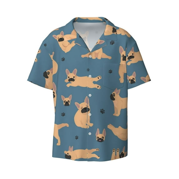 Easygdp French Bulldog Yoga Men's Casual Short-sleeved Shirt with Pocket and Button Suitable for Beach Vacation Leisure - Small