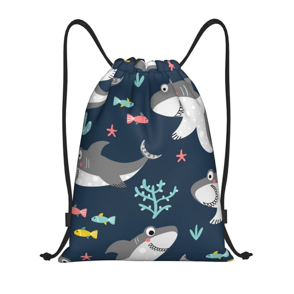 Easygdp Friendly Smiling Sharks Drawstring Backpack, Beach Sackpack, Travel Sackpack Lightweight for Sports, Gym, Travel, Swimming - Small