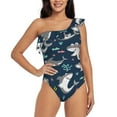 thumbnail image 1 of Easygdp Friendly Smiling Sharks Women's One Shoulder Ruffle Monokini Bathing Suits with Removable Chest Pad, Quick Drying - Small, 1 of 8