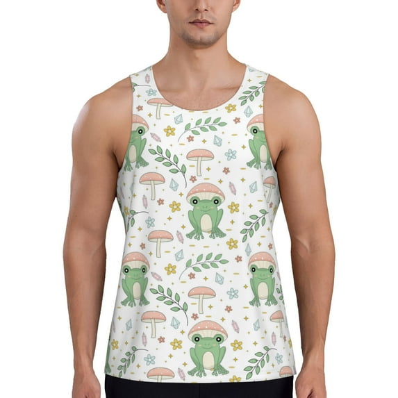 Easygdp Frog and Mushrooms Men's Tank Top, Sleeveless Muscle T Shirts, Breathable, Quick-Dry, Loose for Gym, Running, Fitness - 4X-Large