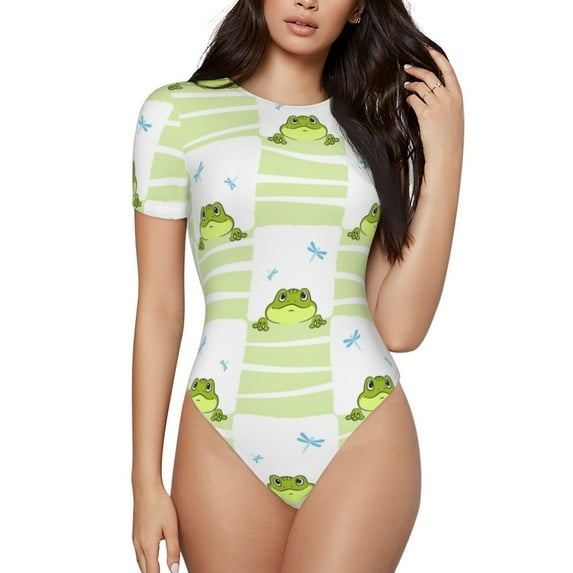 Easygdp Frogs and Dragonflies Women's One-Piece Swimsuit Slim Fit Crew Neck Bodysuit Athletic Swimwear with Concealed Buckle - X-Large