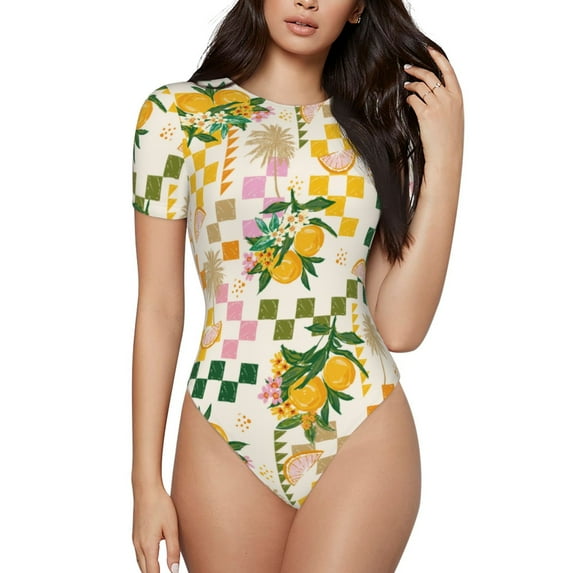 Easygdp Fruit Women's One-Piece Swimsuit Slim Fit Crew Neck Bodysuit Athletic Swimwear with Concealed Buckle - X-Large