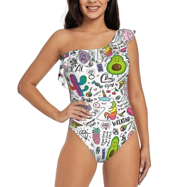 Easygdp Fun Animal with Unicorn Women's One Shoulder Ruffle Monokini Bathing Suits with Removable Chest Pad, Quick Drying - X-Large