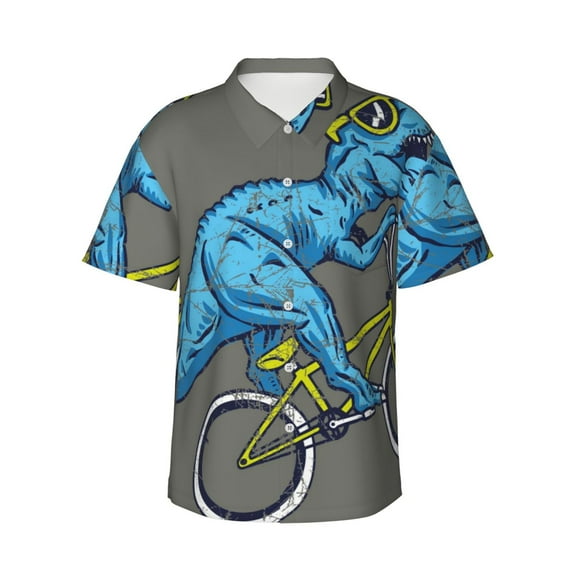 Easygdp Fun Riding Dinosaur Men's Hawaiian Shirts Print Lapel Short Sleeve for Beach, vacation, party, casual occasions - Medium
