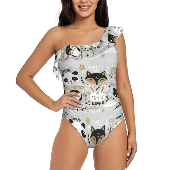 Easygdp Funny Animals Series Women's One Shoulder Ruffle Monokini Bathing Suits with Removable Chest Pad, Quick Drying - Large