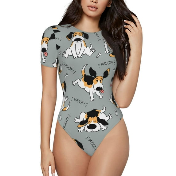 Easygdp Funny Beagle Active Dog Women's One-Piece Swimsuit Slim Fit Crew Neck Bodysuit Athletic Swimwear with Concealed Buckle - Medium