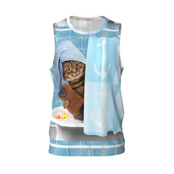 Easygdp Funny Cat Taking a Bath Men's Mesh Basketball Jersey Quick Drying Sleeveless Shirts Fitted Muscle Tank Tops Sport Round Neck T-Shirt - Small
