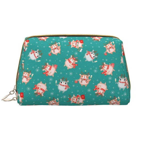 Easygdp Funny Christmas Deer Leather Makeup Bag Zipper Pouch Travel Cosmetic Organizer for Women and Girls, Make up Bag with Zipper