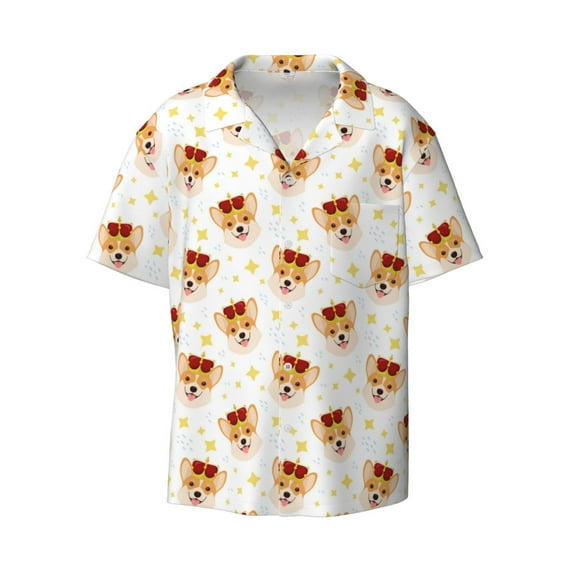 Easygdp Funny Corgi Men's Casual Short-sleeved Shirt with Pocket and Button Suitable for Beach Vacation Leisure - Large