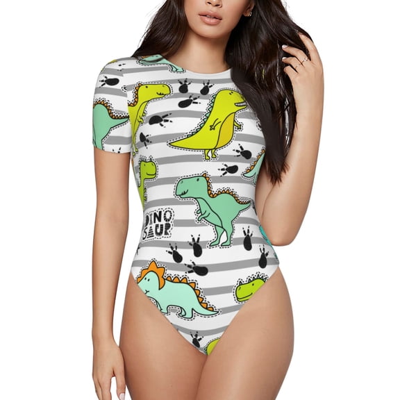 Easygdp Funny Dinosaurs on Stripes Women's One-Piece Swimsuit Slim Fit Crew Neck Bodysuit Athletic Swimwear with Concealed Buckle - XX-Large