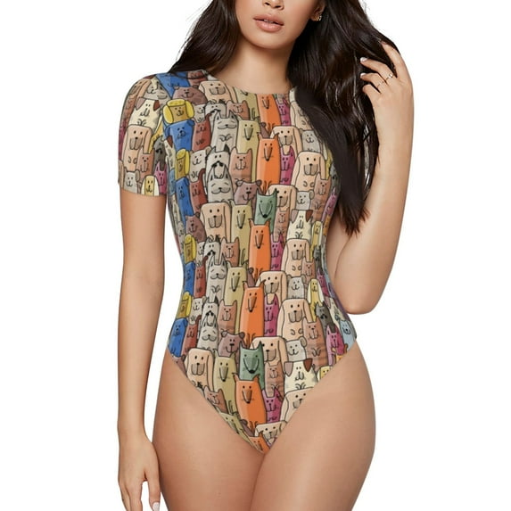 Easygdp Funny Dogs Family Women's One-Piece Swimsuit Slim Fit Crew Neck Bodysuit Athletic Swimwear with Concealed Buckle - Large