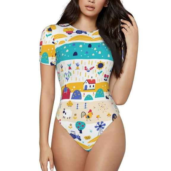 Easygdp Funny Farm Women's One-Piece Swimsuit Slim Fit Crew Neck Bodysuit Athletic Swimwear with Concealed Buckle - XX-Large