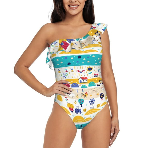 Easygdp Funny Farm Women's One Shoulder Ruffle Monokini Bathing Suits with Removable Chest Pad, Quick Drying - Medium