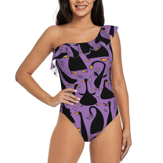 Easygdp Funny Goose Women's One Shoulder Ruffle Monokini Bathing Suits with Removable Chest Pad, Quick Drying - Large