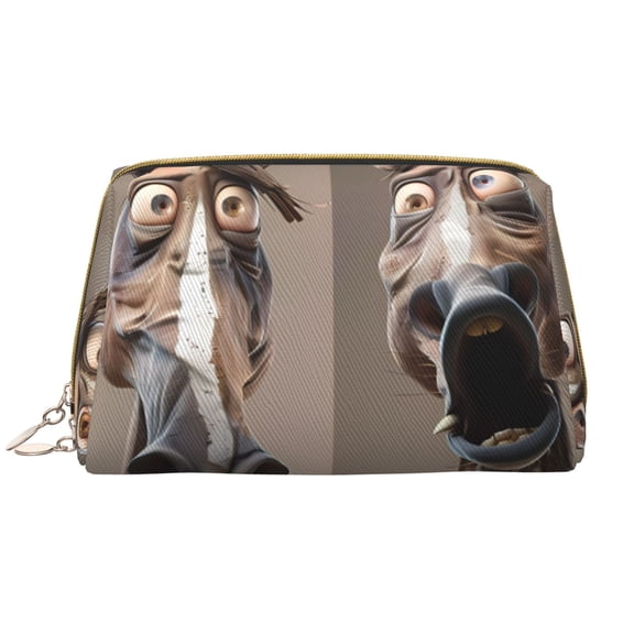Easygdp Funny Horse Faces Expressions Leather Makeup Bag Zipper Pouch Travel Cosmetic Organizer for Women and Girls, Make up Bag with Zipper