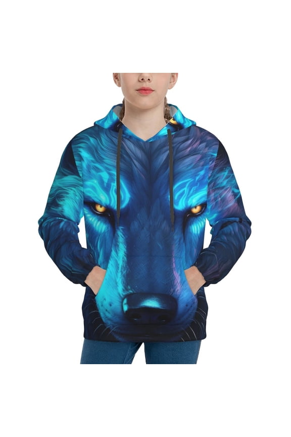 Futuristic Blue Light Wolf Boys Hoodie Kids Sweatshirt Youth Pullover With Hood-Small
