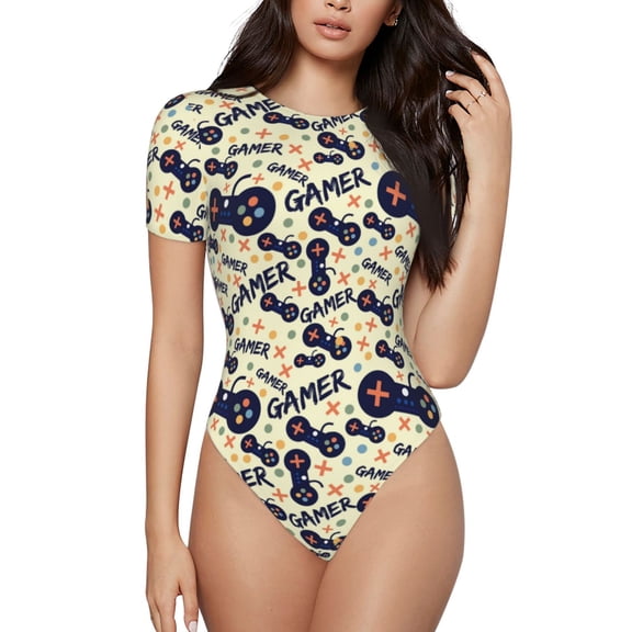 Easygdp Game Controller Women's One-Piece Swimsuit Slim Fit Crew Neck Bodysuit Athletic Swimwear with Concealed Buckle - Small